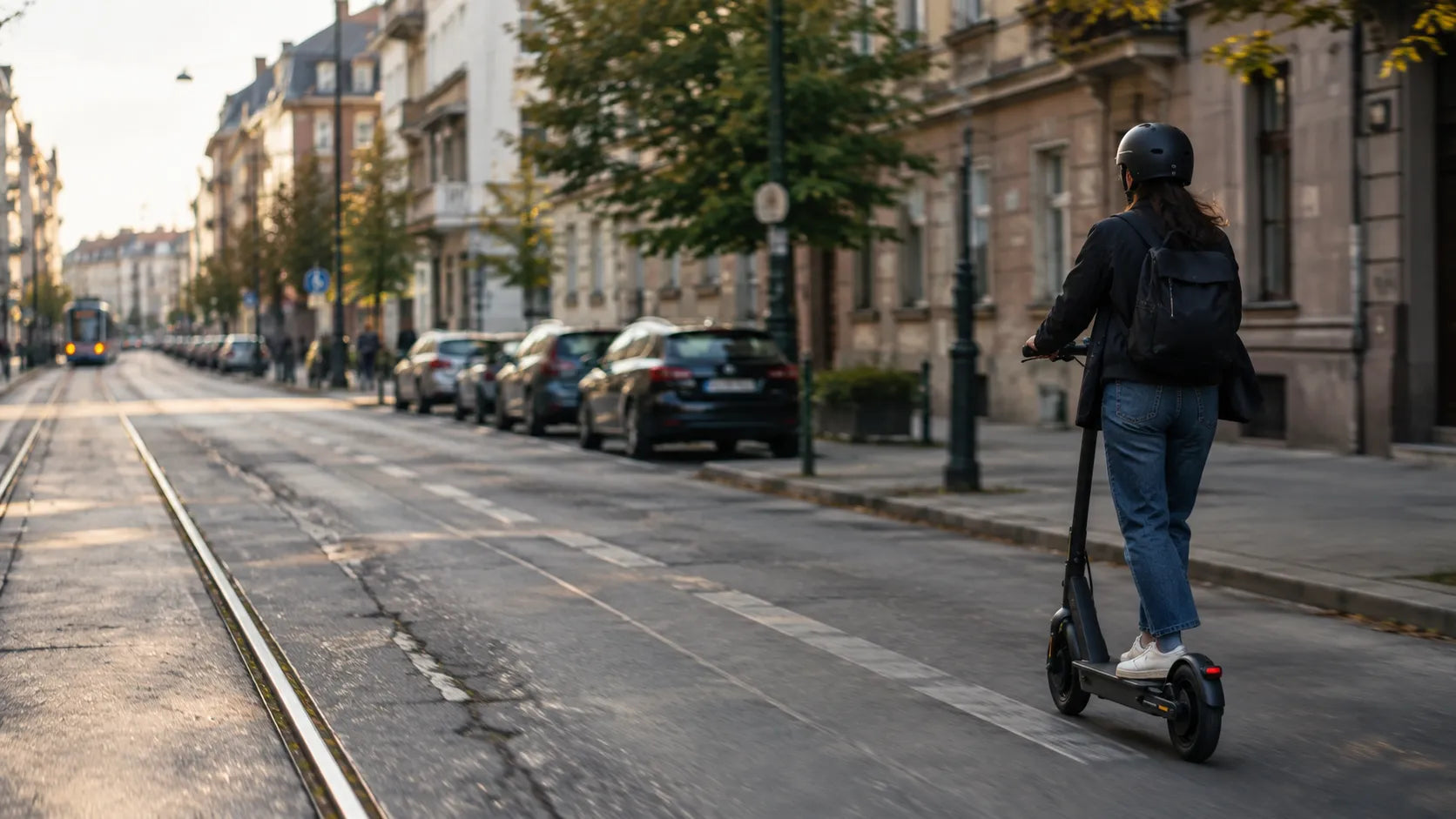 Osoba w kasku jedzie hulajnogą elektryczną ulicą miasta